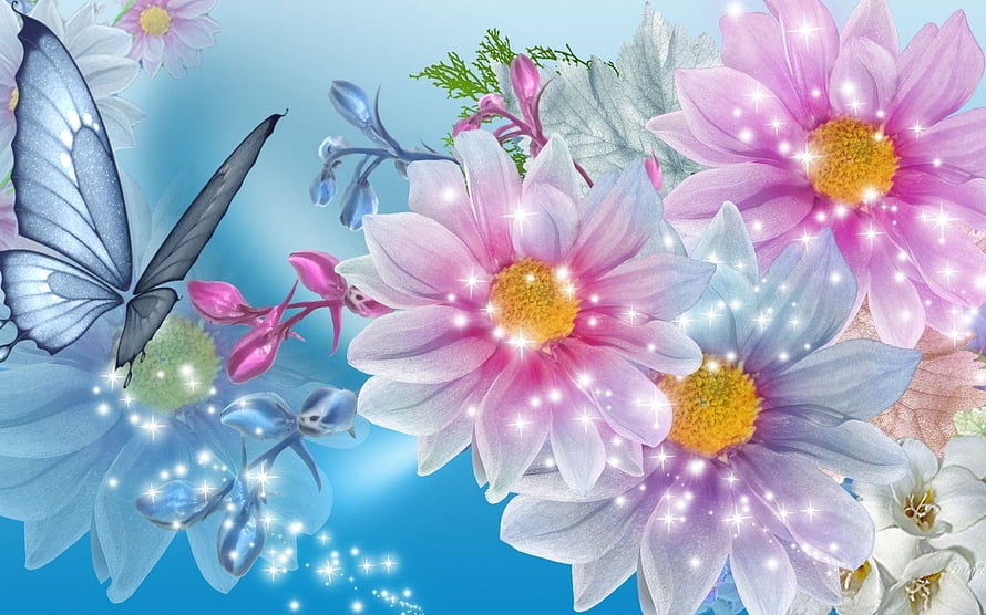 Dreamy Pink and Blue Daisies with a Glowing Butterfly on a Soft Background HD wallpaper