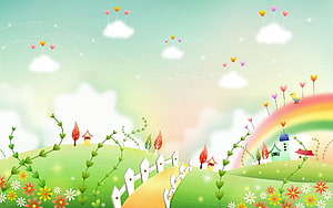Whimsical Cartoon Landscape With Rolling Green Hills, Rainbow, and Colorful Flowers HD wallpaper