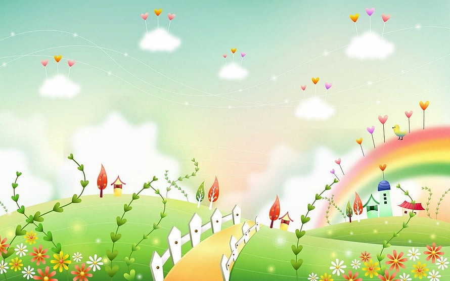 Whimsical Cartoon Landscape With Rolling Green Hills, Rainbow, and Colorful Flowers HD wallpaper