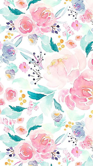 Soft Pastel Watercolor Floral Pattern with Pink Roses and Teal Leaves HD phone wallpaper