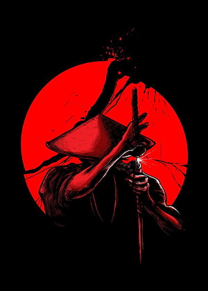 Stylized Samurai Warrior Drawing with Katana Against Red Moon HD phone wallpaper