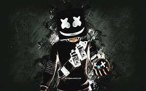 Marshmello Fortnite Character in Black Outfit with Glowing Mask and Stone Background HD wallpaper