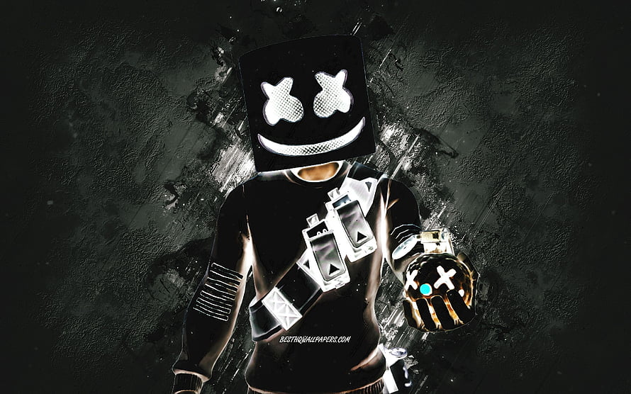 Marshmello Fortnite Character in Black Outfit with Glowing Mask and Stone Background HD wallpaper