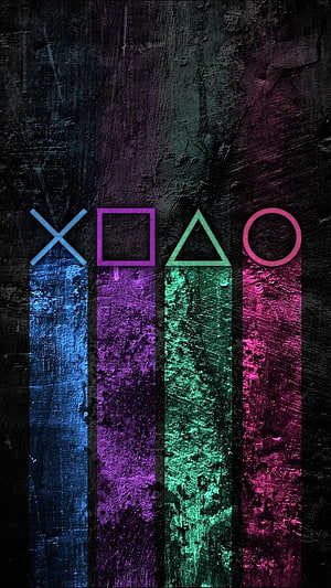 Neon Geometric Shapes on Textured Dark Background with Blue Purple Green and Pink Vertical Stripes HD phone wallpaper