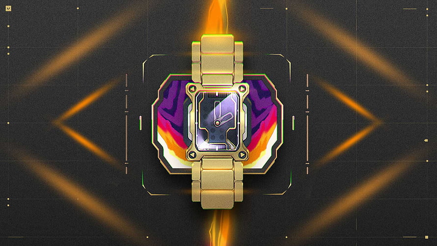 Valorant Chamber Agent Watch Device with Fiery Glow and Purple Holographic Display HD wallpaper