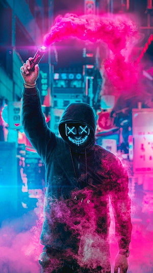 Cyberpunk Hooded Figure with Neon LED Mask and Pink Smoke in Futuristic City HD phone wallpaper