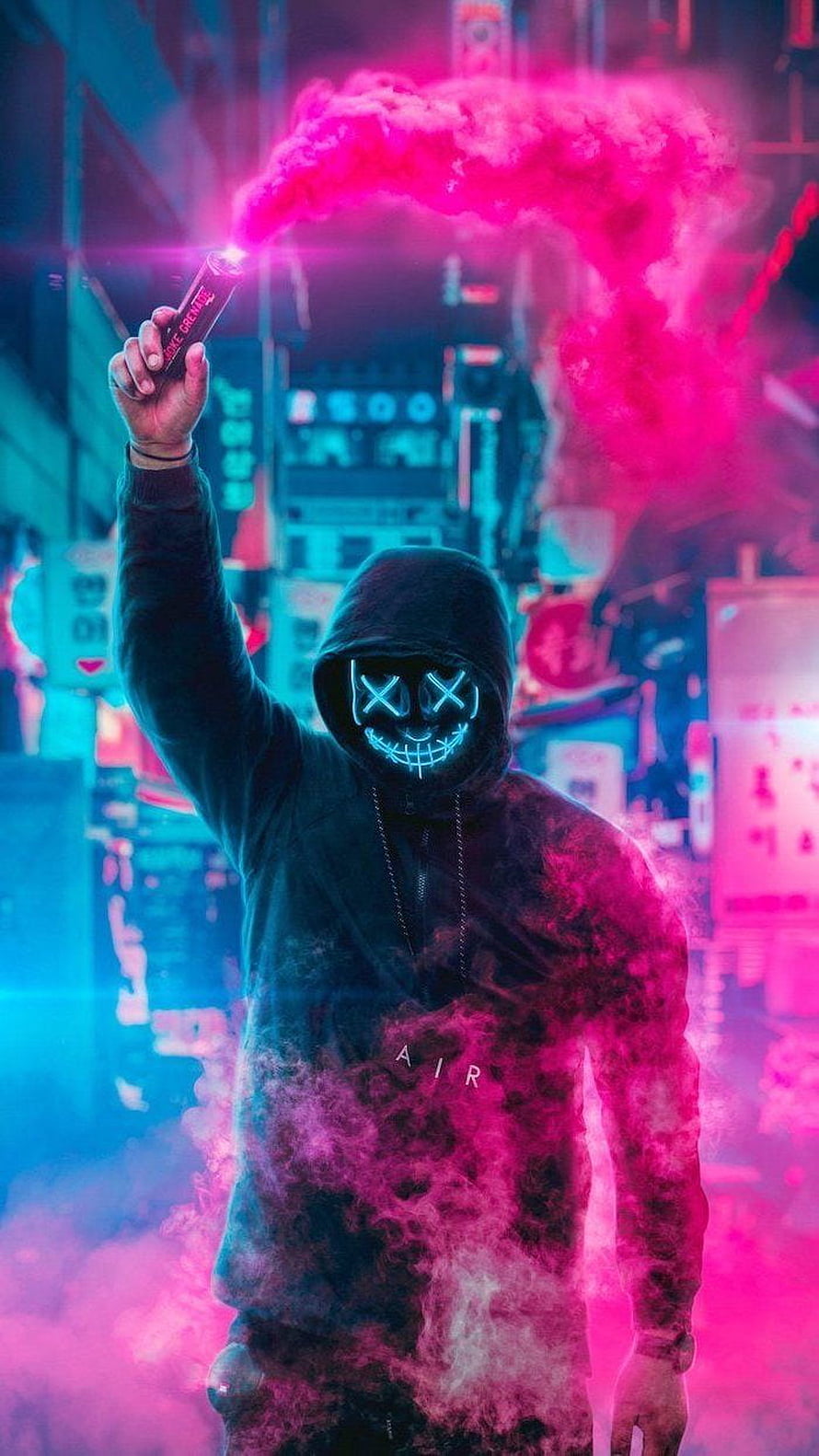 Cyberpunk Hooded Figure with Neon LED Mask and Pink Smoke in Futuristic City HD phone wallpaper