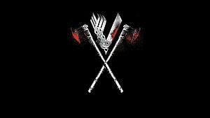 Viking Crossed Axes and Sword Emblem with Red Accents on Black Background HD wallpaper