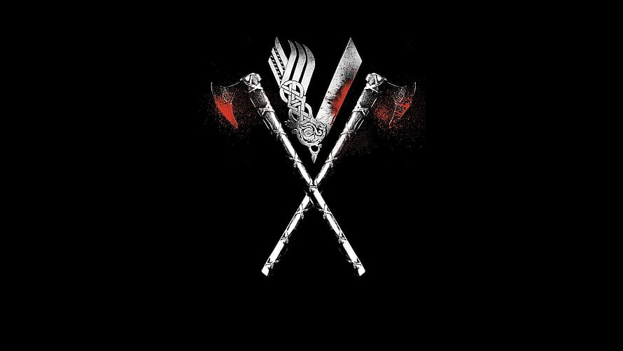 Viking Crossed Axes and Sword Emblem with Red Accents on Black Background HD wallpaper