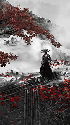 Samurai Standing on Bamboo Bridge Amidst Red Maple Leaves in Misty Mountain Landscape HD phone wallpaper