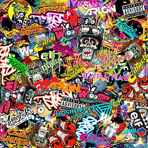 Vibrant Sticker Bomb Collage Featuring Skulls, Graffiti Art, and Automotive Brand Logos HD phone wallpaper