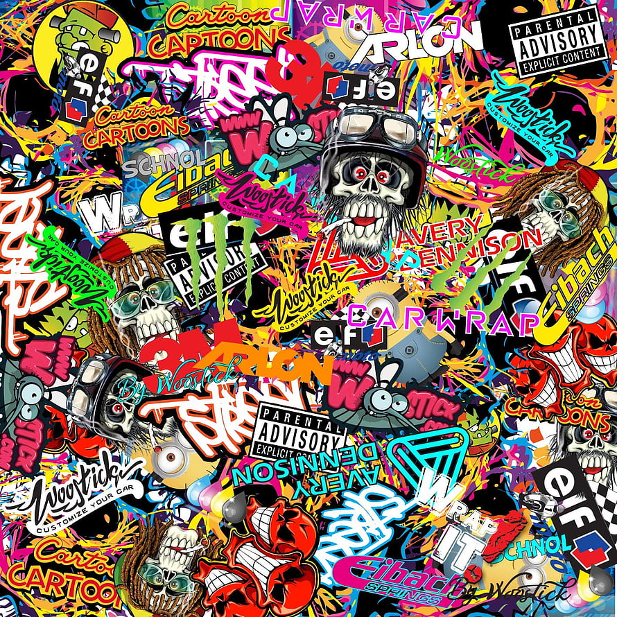 Vibrant Sticker Bomb Collage Featuring Skulls, Graffiti Art, and Automotive Brand Logos HD phone wallpaper