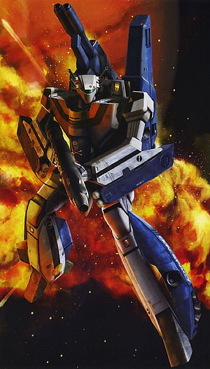Robotech Macross Variable Fighter Mecha in Space Combat with Explosive Nebula Background HD phone wallpaper