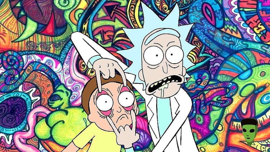 Rick and Morty Psychedelic Trippy Artwork with Vibrant Swirling Background HD wallpaper