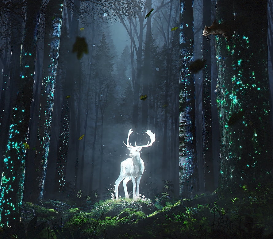 Luminous White Deer in a Mystical Bioluminescent Forest HD wallpaper