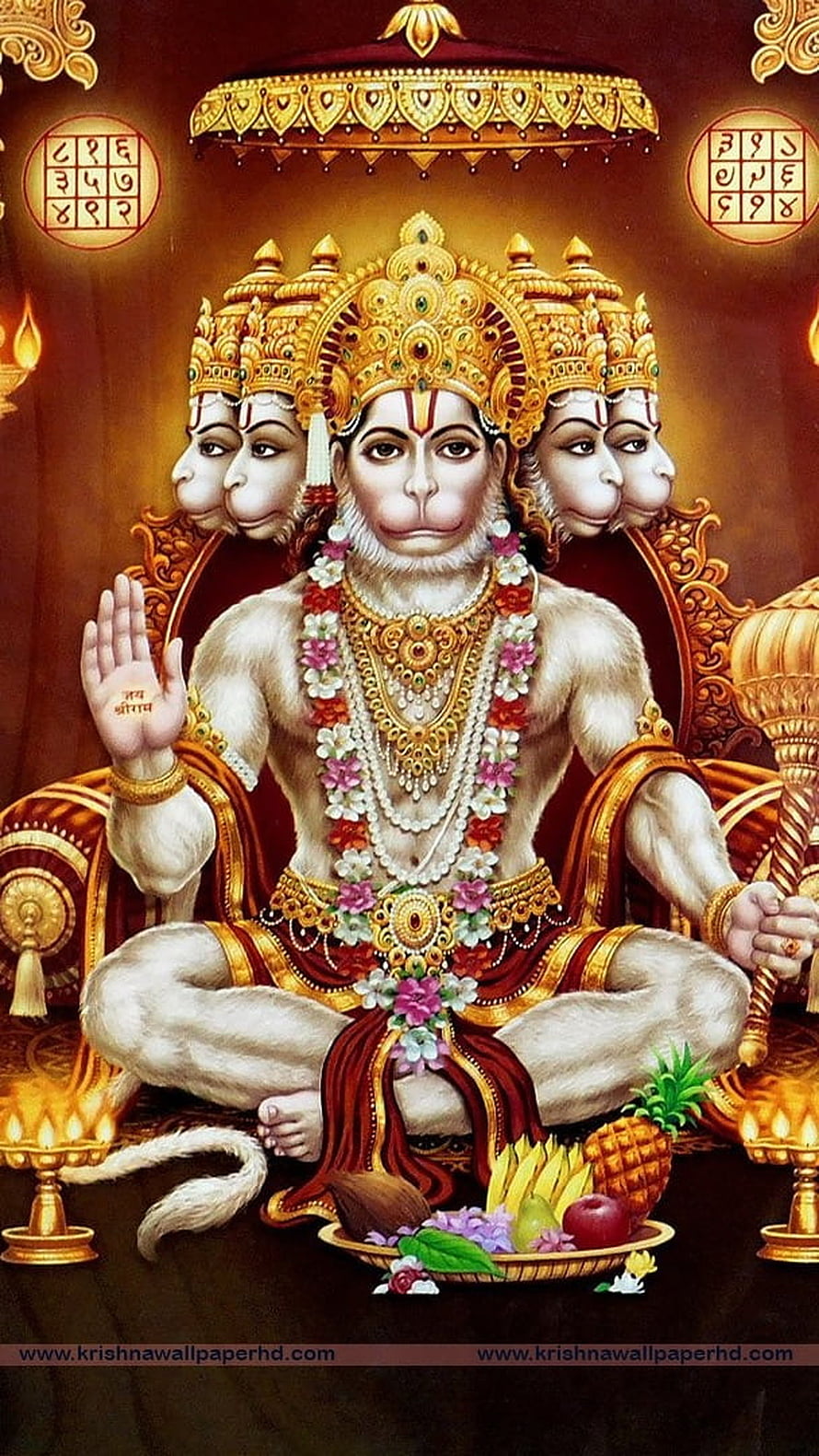 Panchmukhi Hanuman deity seated on ornate throne with golden crown and floral garlands, Panchmukhi Hanuman, God Hanuman HD phone wallpaper
