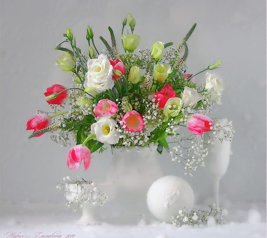 Elegant Spring Floral Arrangement with Pink Tulips, White Roses, and Baby's Breath in a White Vase HD wallpaper
