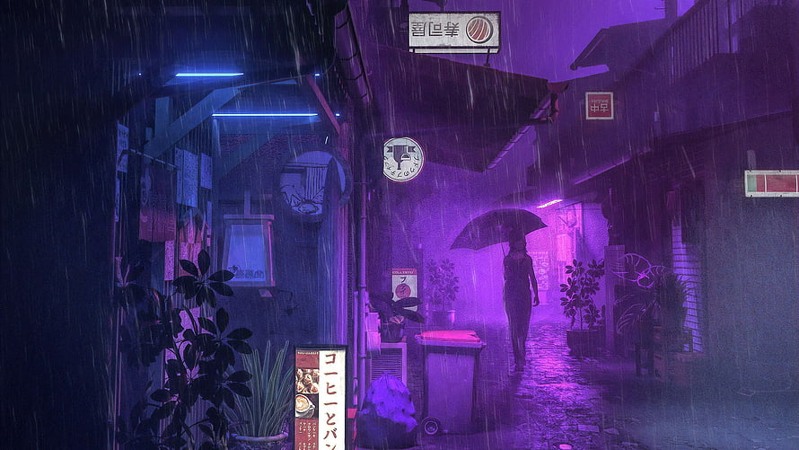 Cyberpunk Rainy Alley with Neon Signs and Silhouette Walking Under Umbrella HD wallpaper