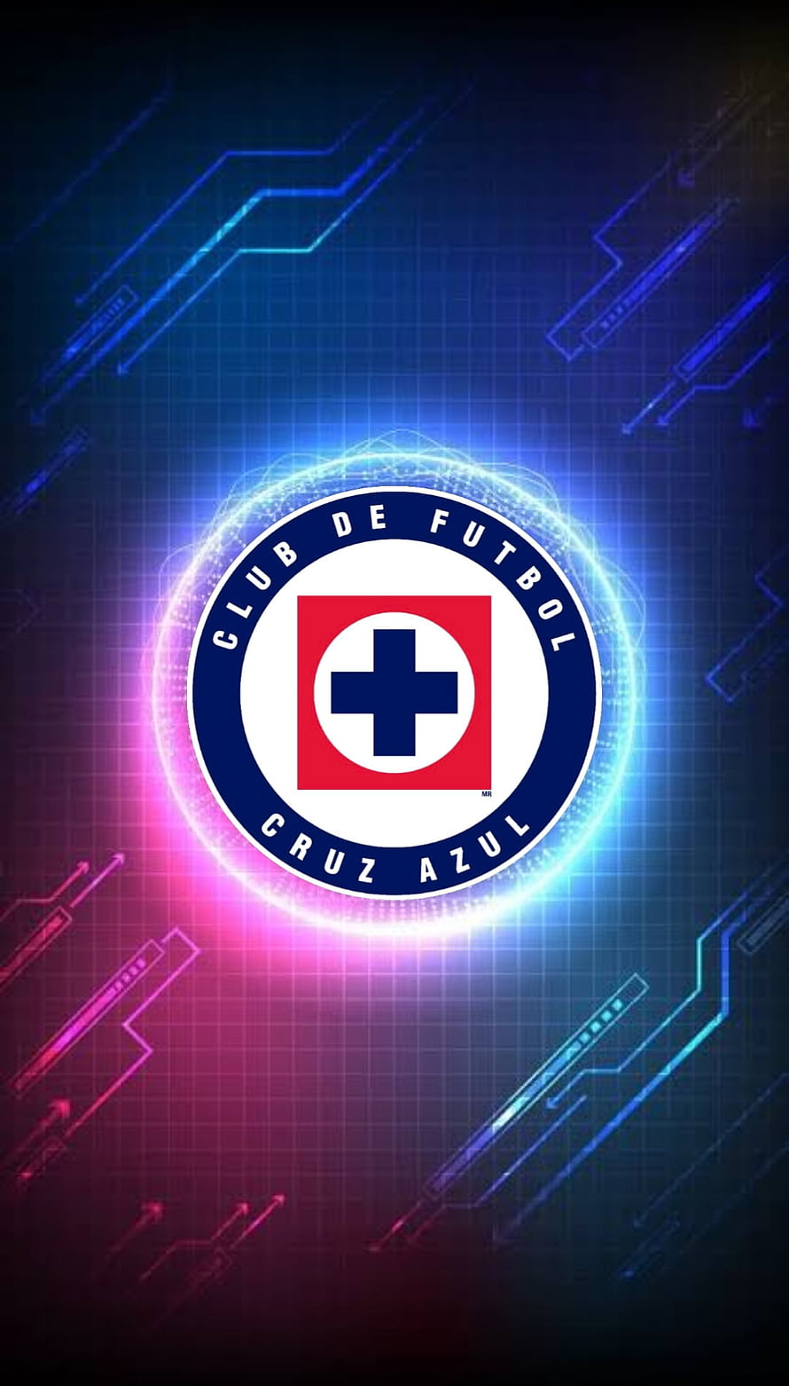 Cruz Azul Club de Futbol Logo with Neon Glow and Futuristic Circuit Background HD phone wallpaper