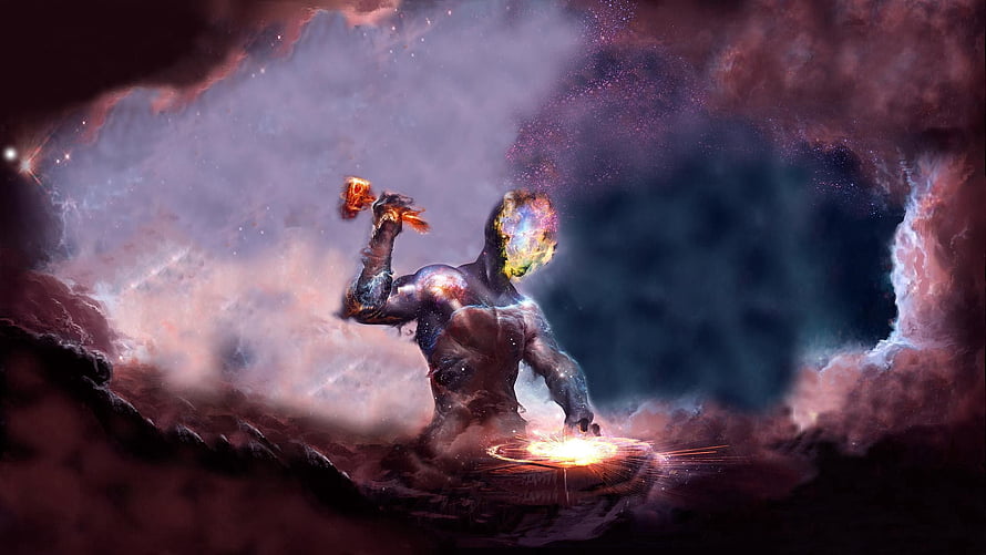 Cosmic Titan Wielding Fire in a Nebula Cavern HD wallpaper