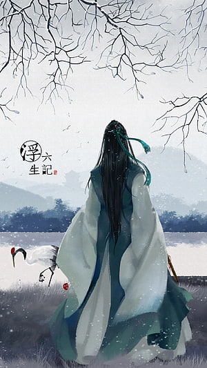 Ancient Chinese Scholar in Flowing Robes Standing in Snowy Winter Landscape with Red-Crowned Crane HD phone wallpaper