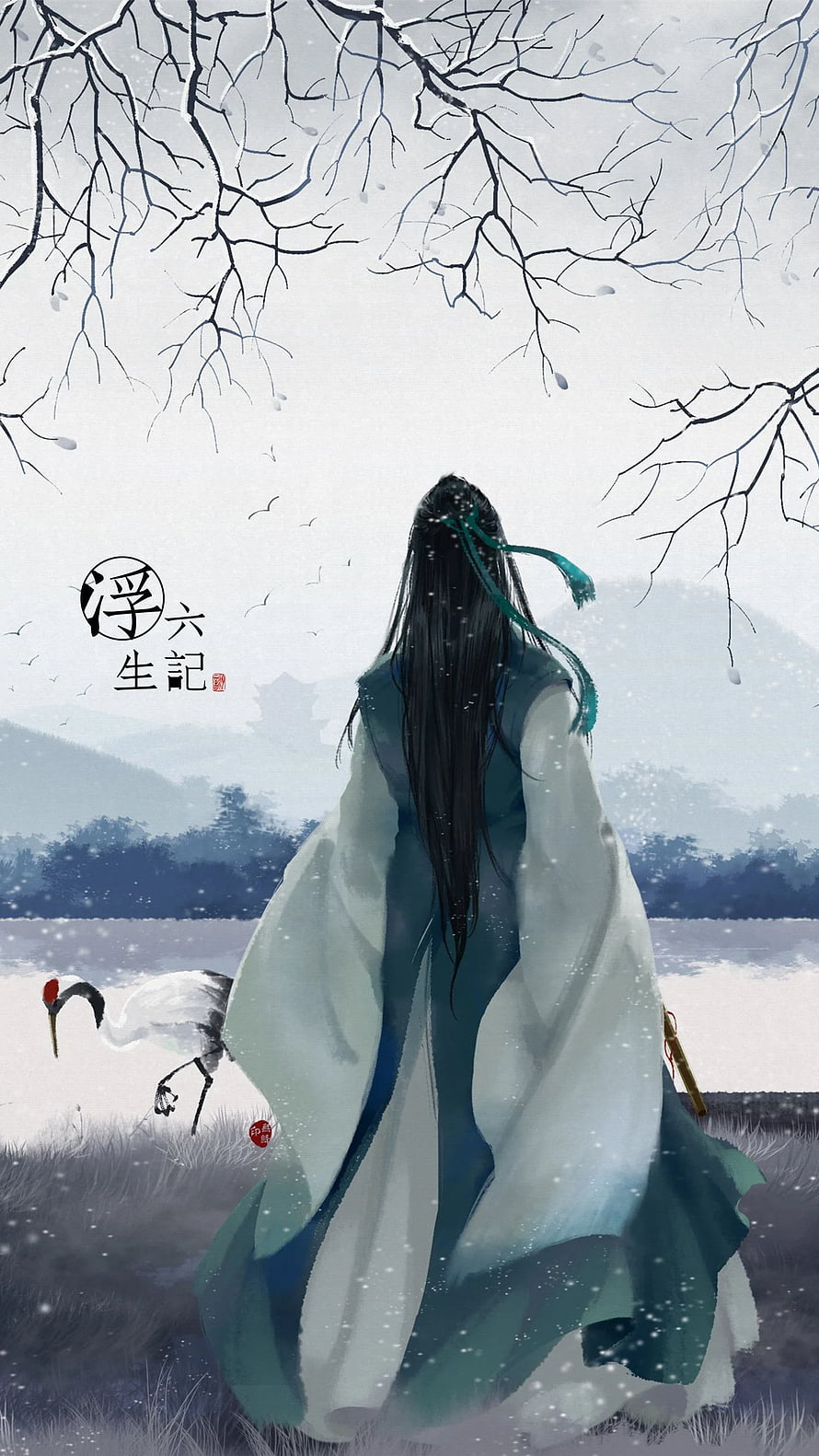 Ancient Chinese Scholar in Flowing Robes Standing in Snowy Winter Landscape with Red-Crowned Crane HD phone wallpaper