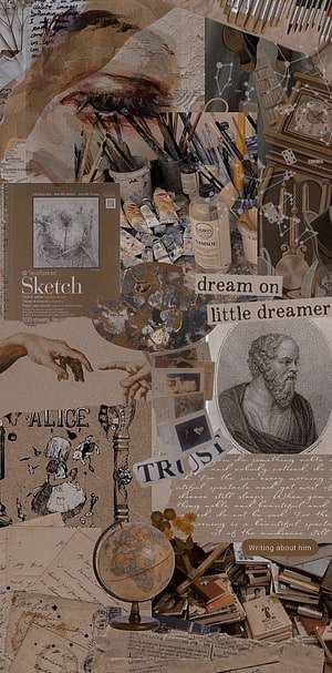 Dark Academia Art Studio Collage with Vintage Books, Paintbrushes, and Sketchbook HD phone wallpaper