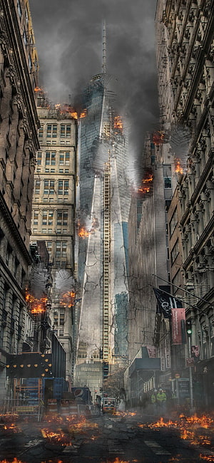 Apocalyptic New York City Street with Burning Buildings and One World Trade Center HD phone wallpaper