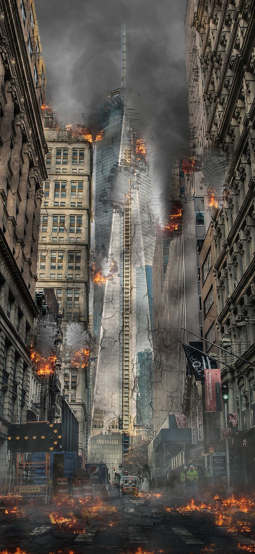 Apocalyptic New York City Street with Burning Buildings and One World Trade Center HD phone wallpaper