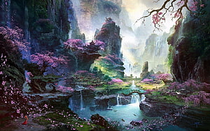 Fantasy Asian Landscape with Cherry Blossoms and Waterfall HD wallpaper