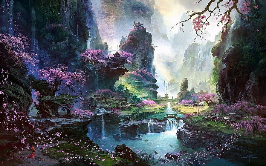 Fantasy Asian Landscape with Cherry Blossoms and Waterfall HD wallpaper