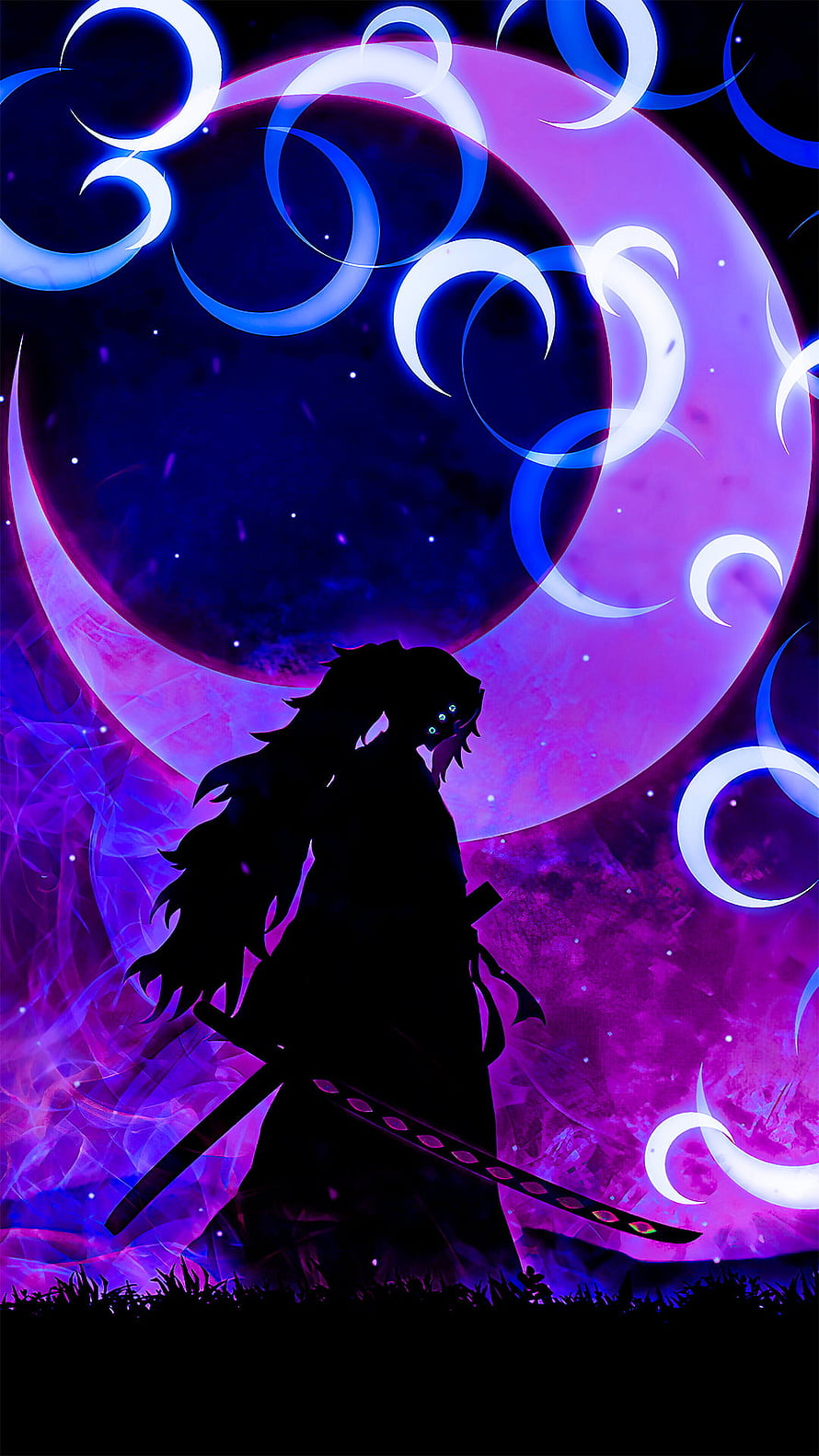 Kokushibou Silhouette with Glowing Eyes Against a Purple Moon and Crescent Orbs HD phone wallpaper