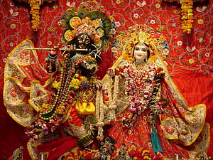 Banke Bihari Temple Deities Adorned in Vibrant Floral Garlands and Ornate Red Silk HD wallpaper