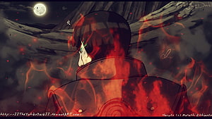 Naruto Anime Character Enveloped in Red Chakra Flames Under a Full Moon HD wallpaper
