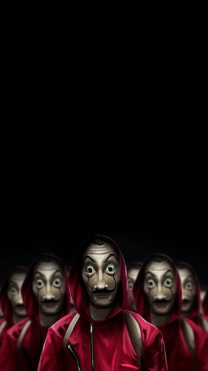 Money Heist Characters in Red Hoodies and Dalí Masks Against Dark Background HD phone wallpaper