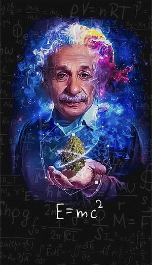 Albert Einstein Cosmic Portrait with E=mc² Formula and Nebula Background HD phone wallpaper