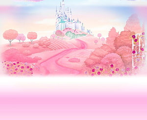 Dreamy Pink Disney Princess Castle Landscape with Blossoming Gardens and Winding Path HD wallpaper