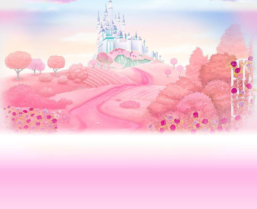 Dreamy Pink Disney Princess Castle Landscape with Blossoming Gardens and Winding Path HD wallpaper