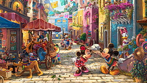 Mickey and Minnie Mouse in a Vibrant Mediterranean Street Scene with Disney Friends HD wallpaper