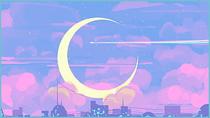 Sailor Moon Kawaii Crescent Moon Over Pastel City Skyline With Shooting Star HD wallpaper