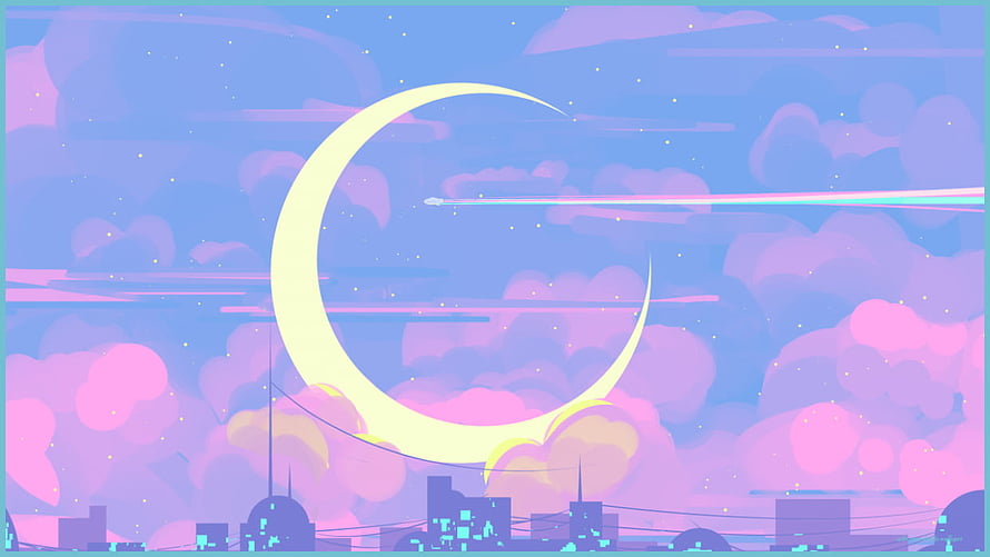 Sailor Moon Kawaii Crescent Moon Over Pastel City Skyline With Shooting Star HD wallpaper
