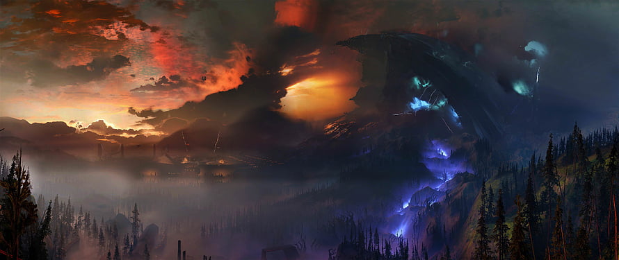 Destiny 2 Cinematic Panorama of a Dark Alien Landscape with Glowing Blue Energy and Fiery Sky HD wallpaper
