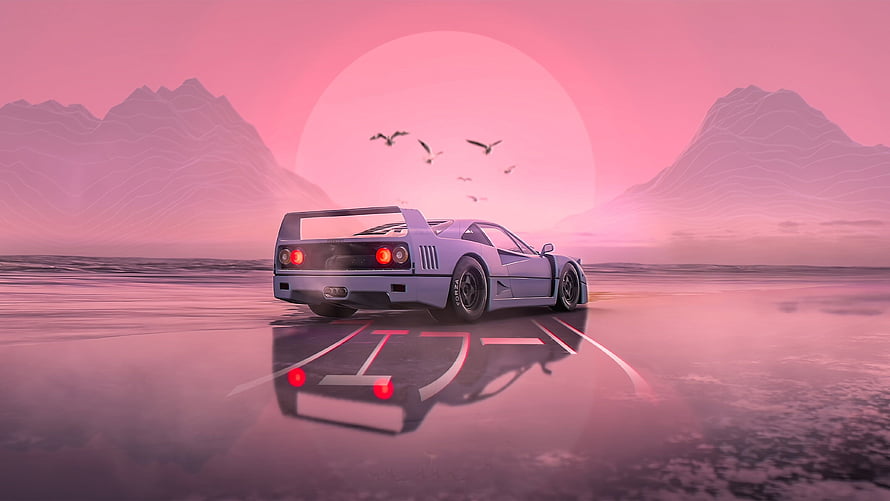Ferrari F40 in a Dreamy Pink Retrowave Landscape with Mountain Silhouettes HD wallpaper