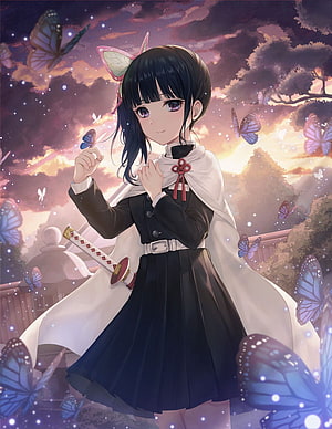 Kanao Tsuyuri from Demon Slayer in a white cape with butterflies at sunset HD phone wallpaper