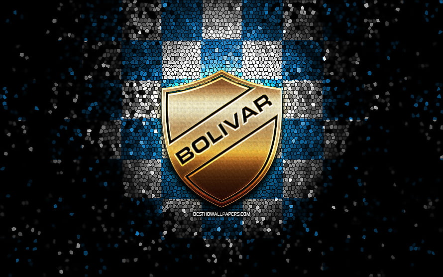 Club Bolivar Golden Shield Emblem on Blue and White Mosaic Background HD wallpaper