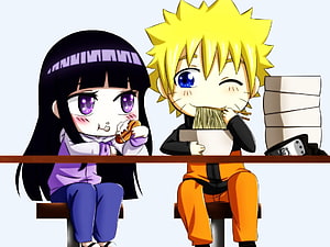 Chibi Naruto and Hinata Sharing a Ramen Meal in Cute Anime Style HD wallpaper