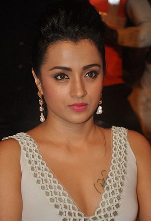 Trisha Krishnan in White Lace Dress with Pearl Earrings and Updo Hairstyle HD phone wallpaper
