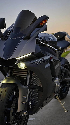 Yamaha R1 Matte Black Superbike Front Profile at Sunset HD phone wallpaper