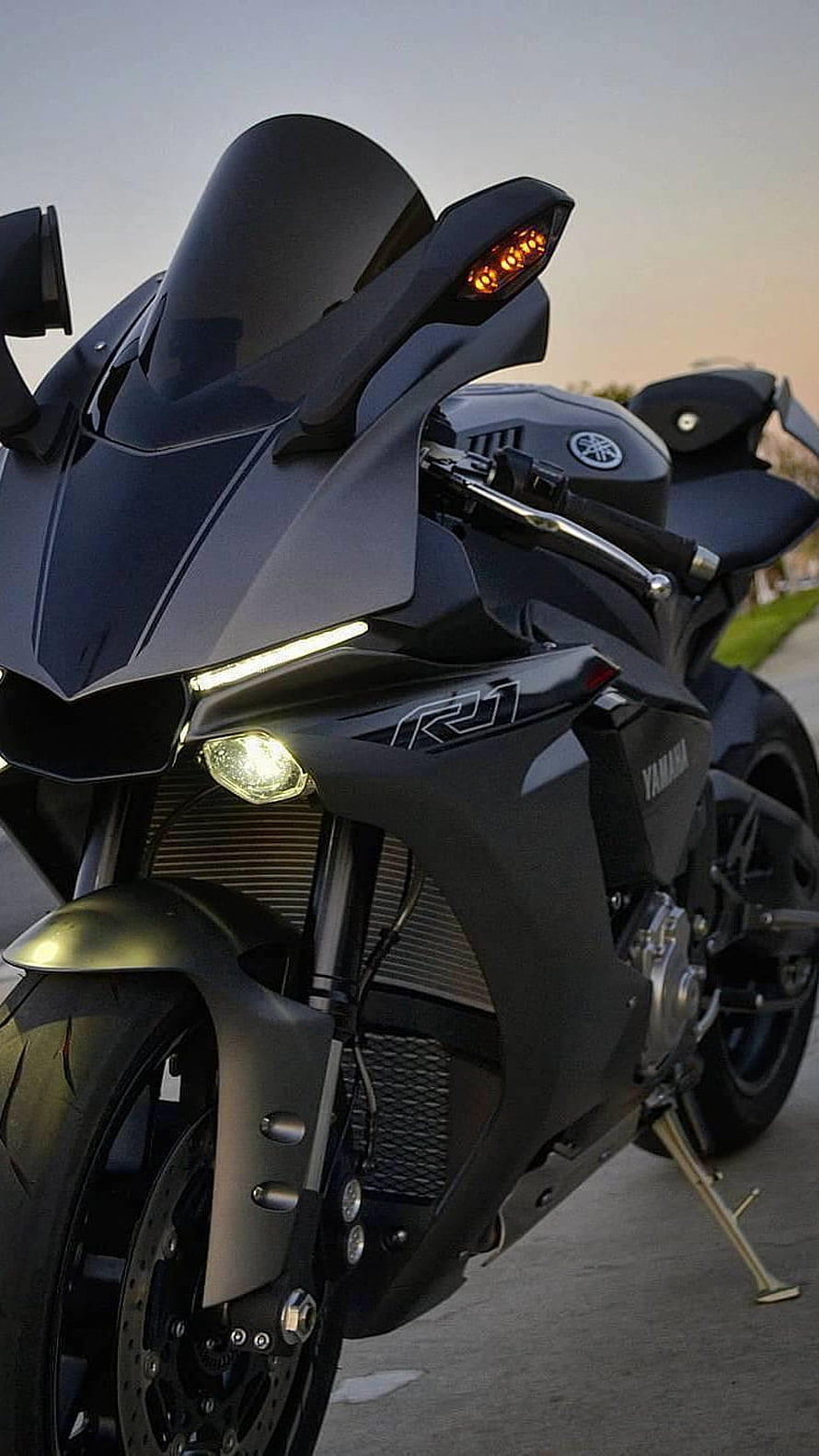 Yamaha R1 Matte Black Superbike Front Profile at Sunset HD phone wallpaper
