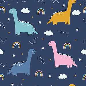 Cute Cartoon Dinosaur Seamless Pattern with Rainbows and Stars on Navy Background HD phone wallpaper